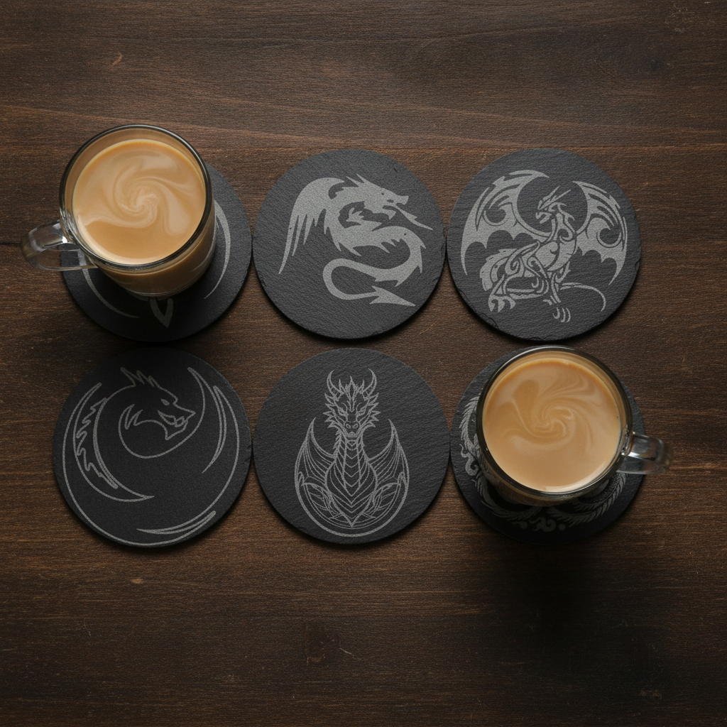 Set of 6, Mythical Dragon Engraved Slate Coasters. 10cm Diameter with Bumper Feet.