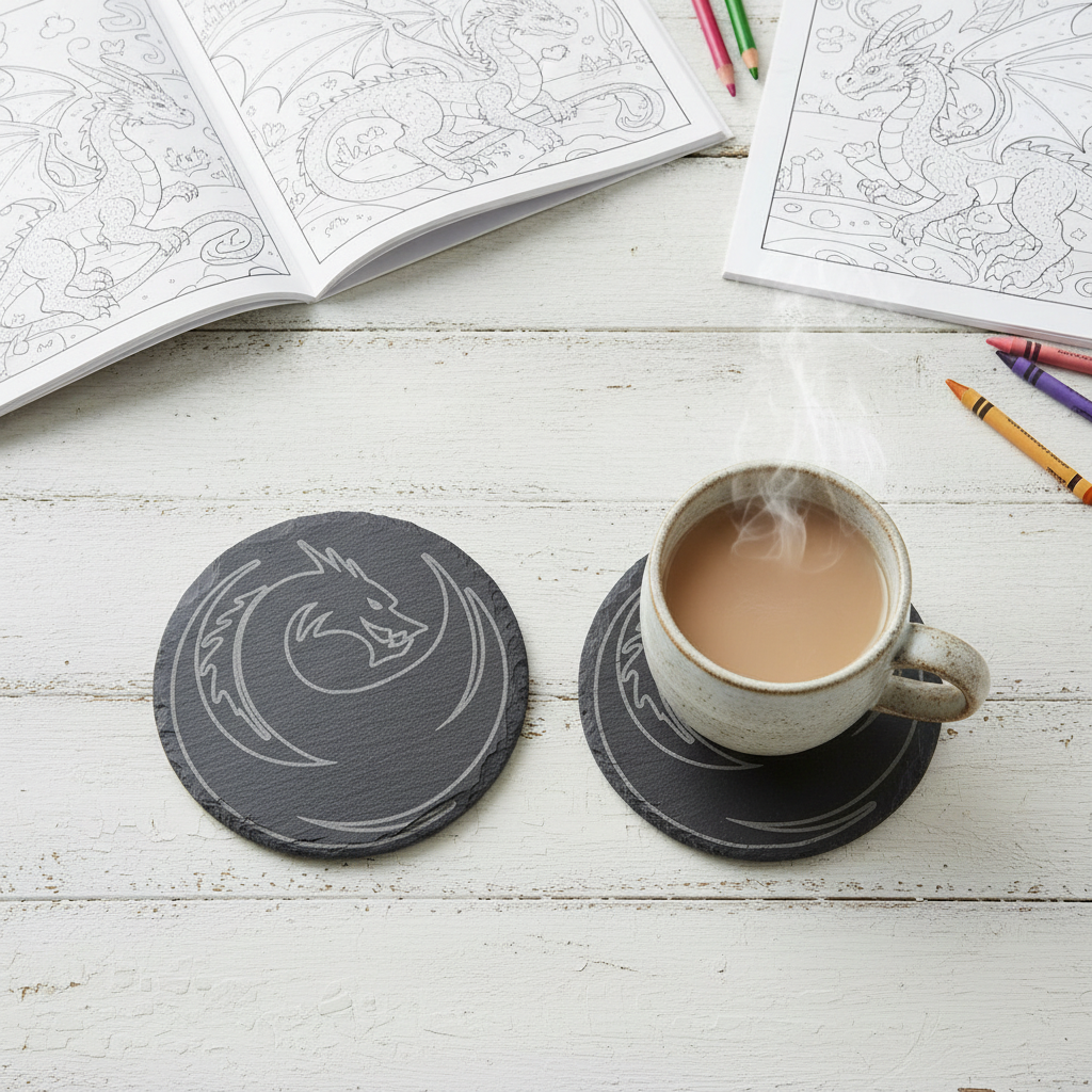 Set of 6, Mythical Dragon Engraved Slate Coasters. 10cm Diameter with Bumper Feet.