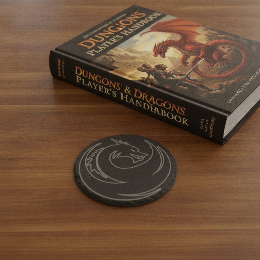 Set of 6, Mythical Dragon Engraved Slate Coasters. 10cm Diameter with Bumper Feet.