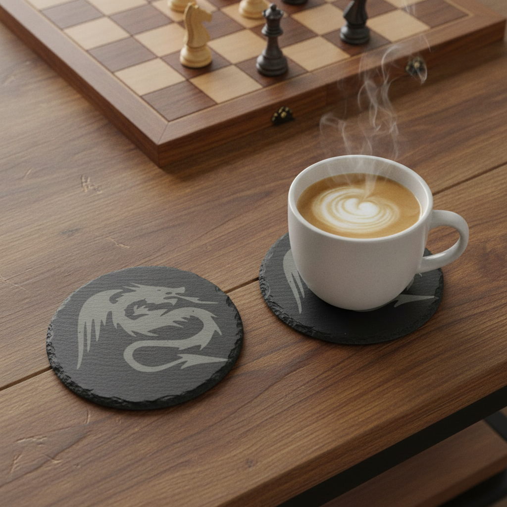 Set of 6, Mythical Dragon Engraved Slate Coasters. 10cm Diameter with Bumper Feet.