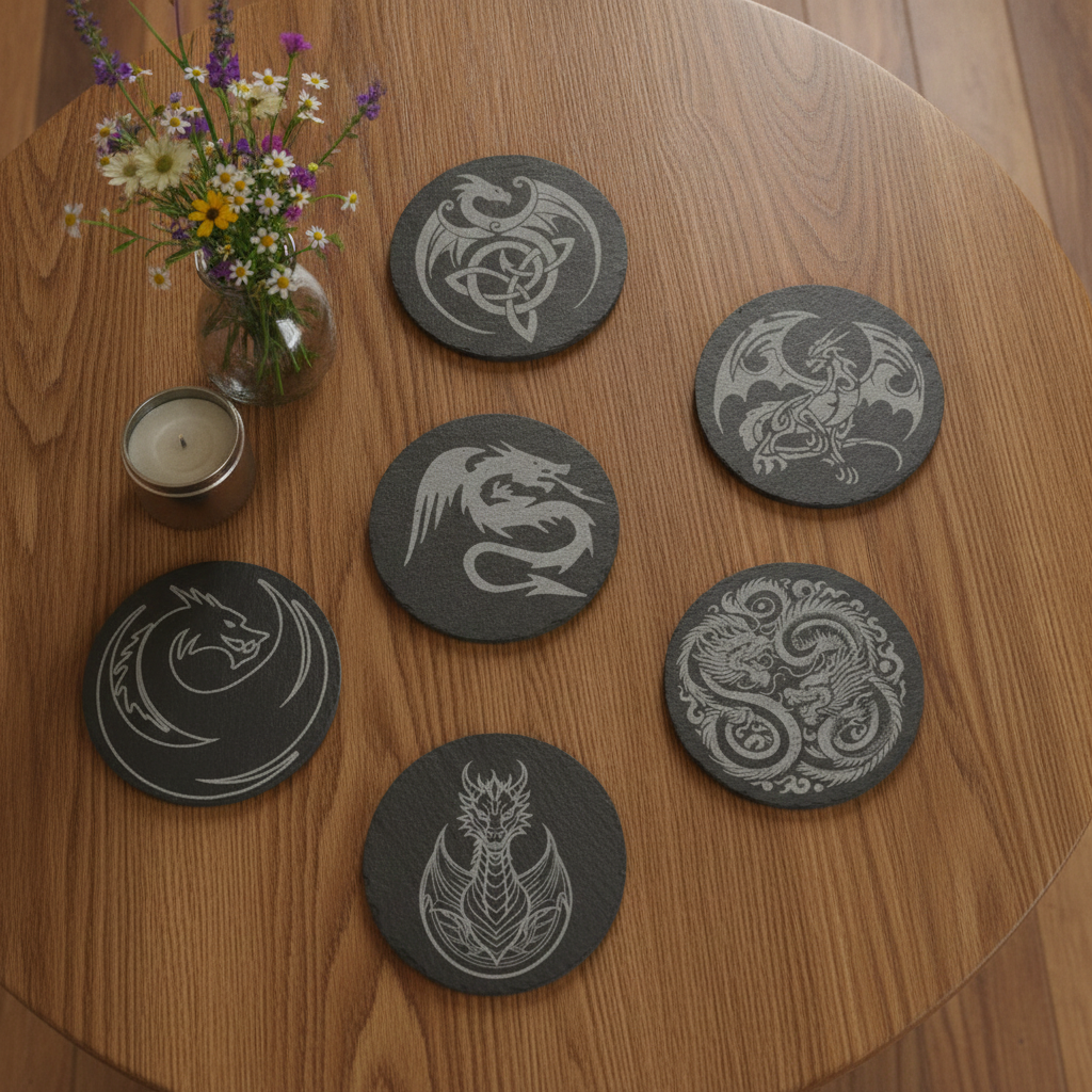 Set of 6, Mythical Dragon Engraved Slate Coasters. 10cm Diameter with Bumper Feet.
