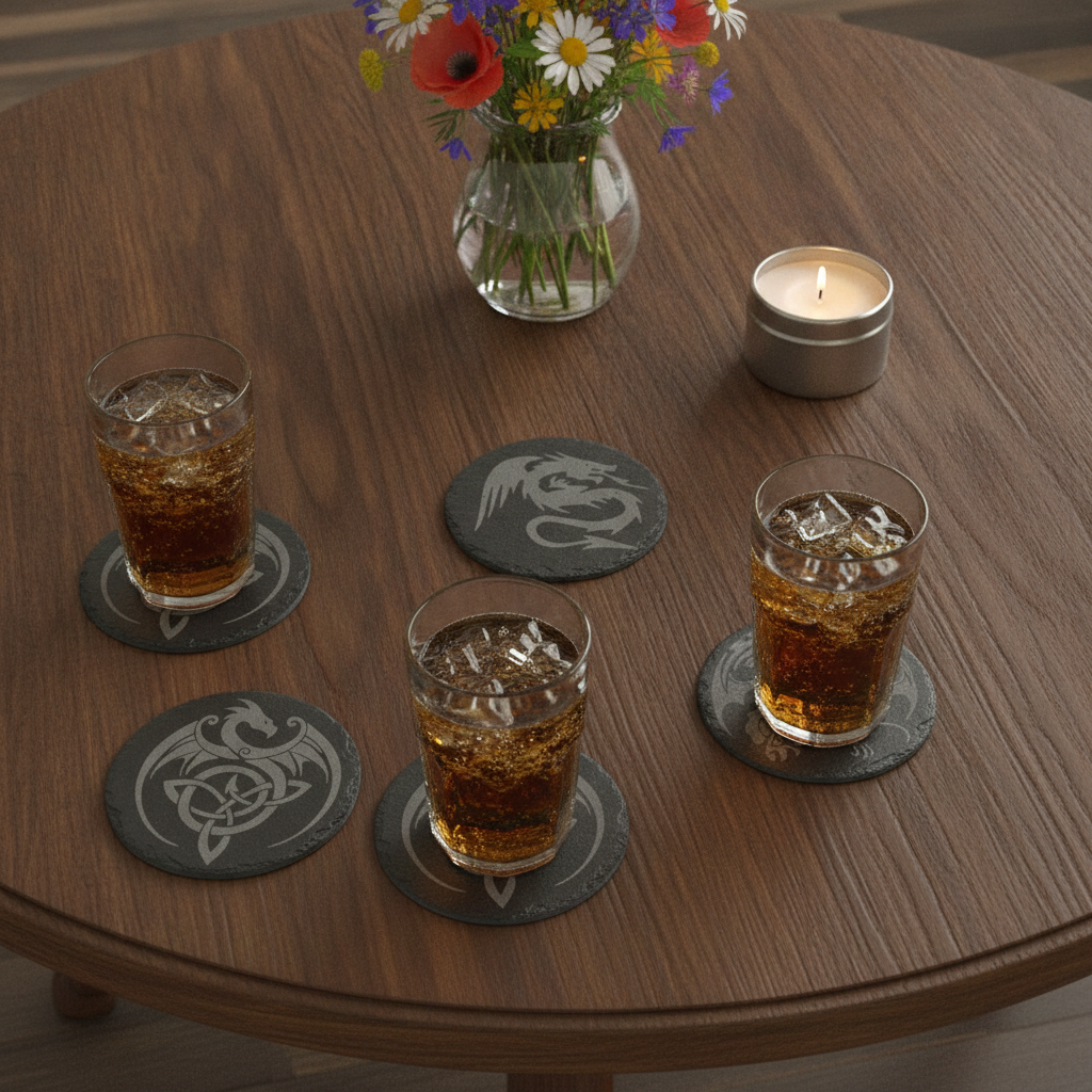 Set of 6, Mythical Dragon Engraved Slate Coasters. 10cm Diameter with Bumper Feet.