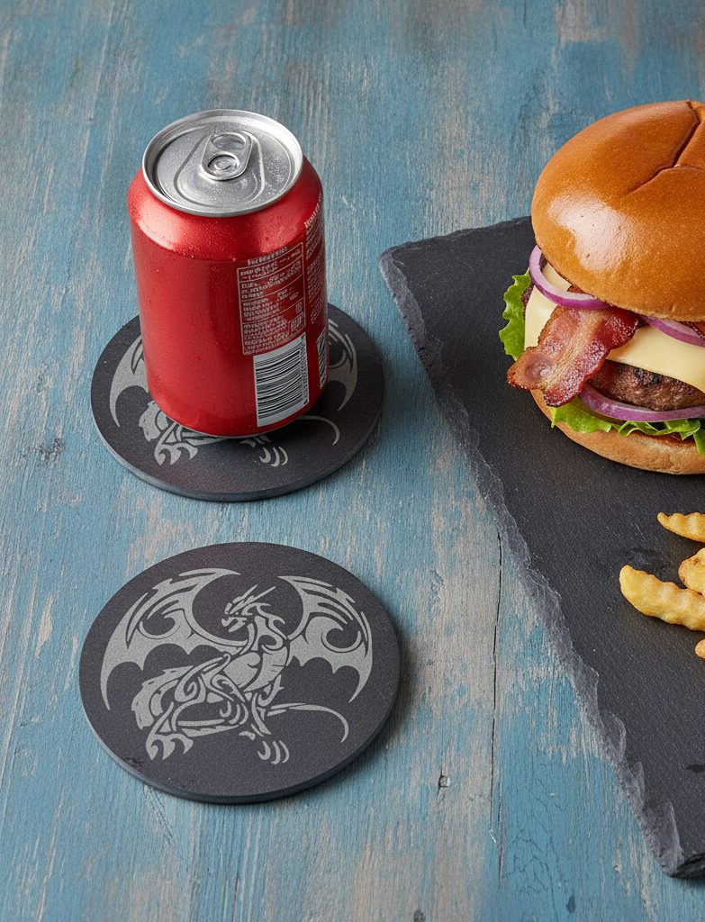 Set of 6, Mythical Dragon Engraved Slate Coasters. 10cm Diameter with Bumper Feet.