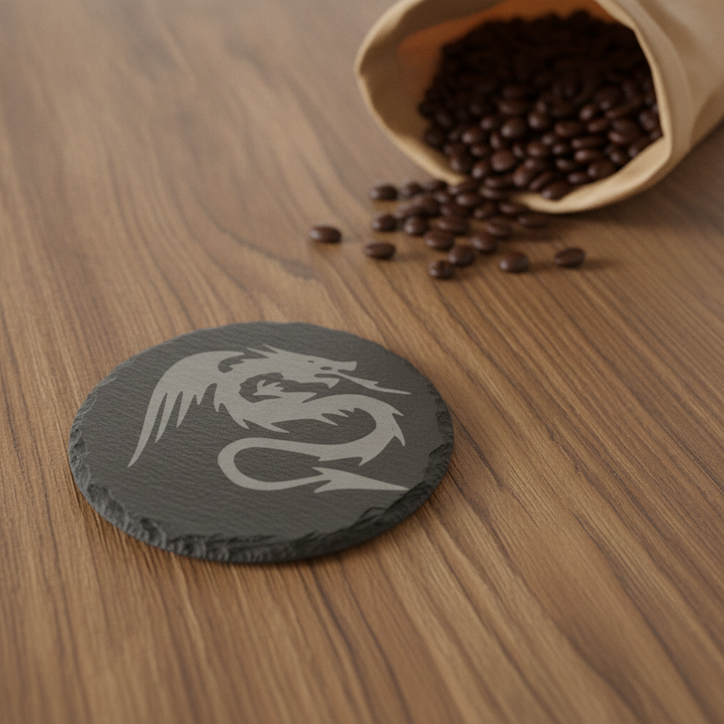 Set of 6, Mythical Dragon Engraved Slate Coasters. 10cm Diameter with Bumper Feet.