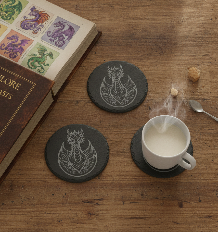 Set of 6, Mythical Dragon Engraved Slate Coasters. 10cm Diameter with Bumper Feet.