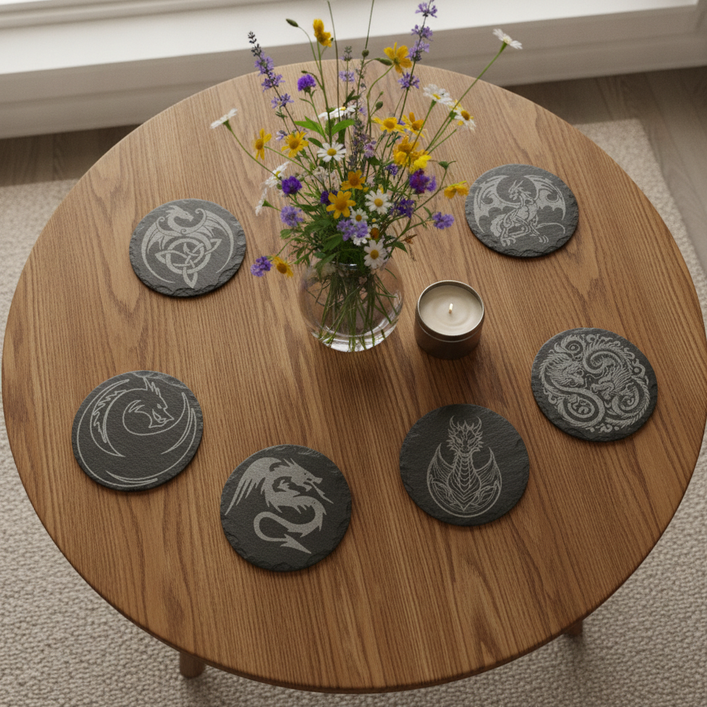 Set of 6, Mythical Dragon Engraved Slate Coasters. 10cm Diameter with Bumper Feet.