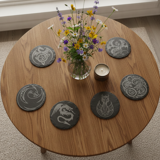 Set of 6, Mythical Dragon Engraved Slate Coasters. 10cm Diameter with Bumper Feet.