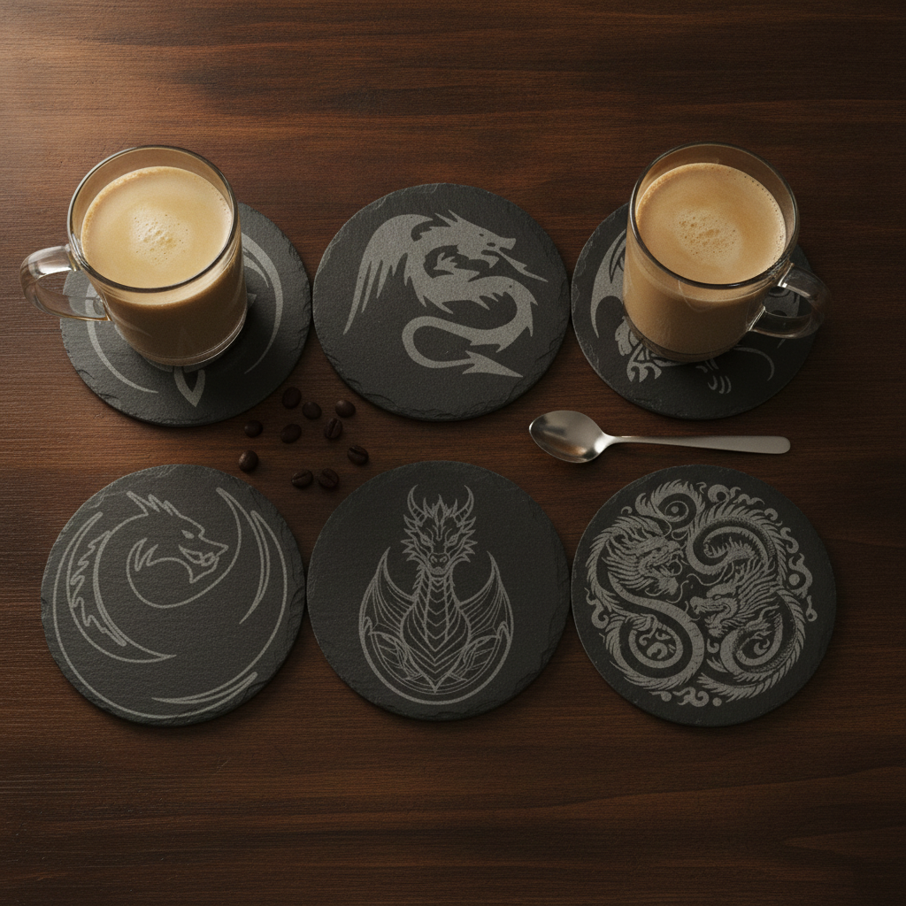 Set of 6, Mythical Dragon Engraved Slate Coasters. 10cm Diameter with Bumper Feet.
