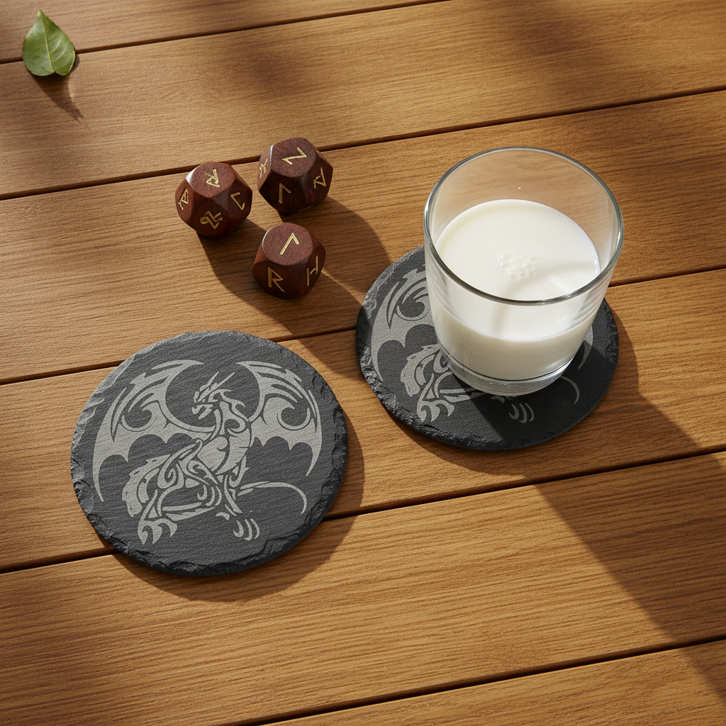 Set of 6, Mythical Dragon Engraved Slate Coasters. 10cm Diameter with Bumper Feet.