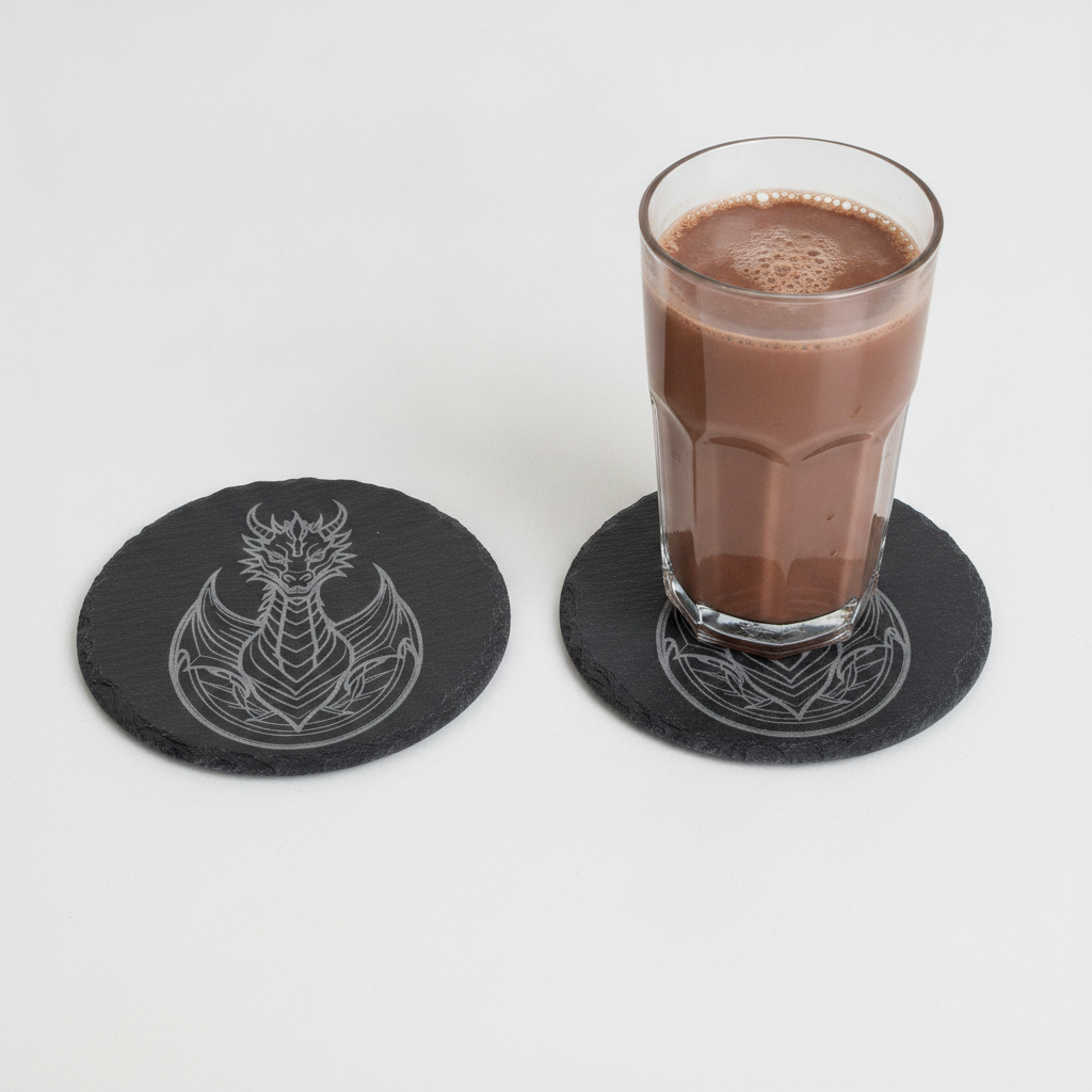 Set of 6, Mythical Dragon Engraved Slate Coasters. 10cm Diameter with Bumper Feet.
