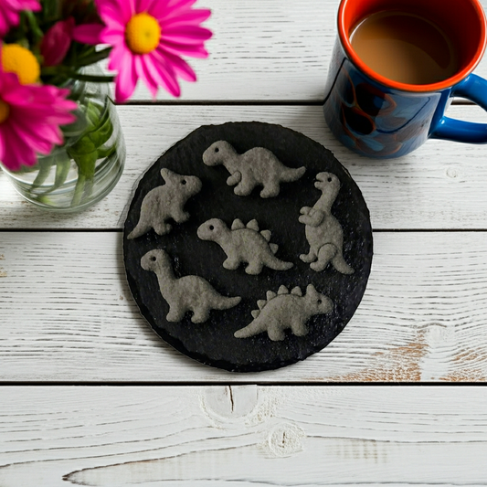 Set of 6, Natural Round Slate Coasters- Dinosaurs Collection, with bumper feet.