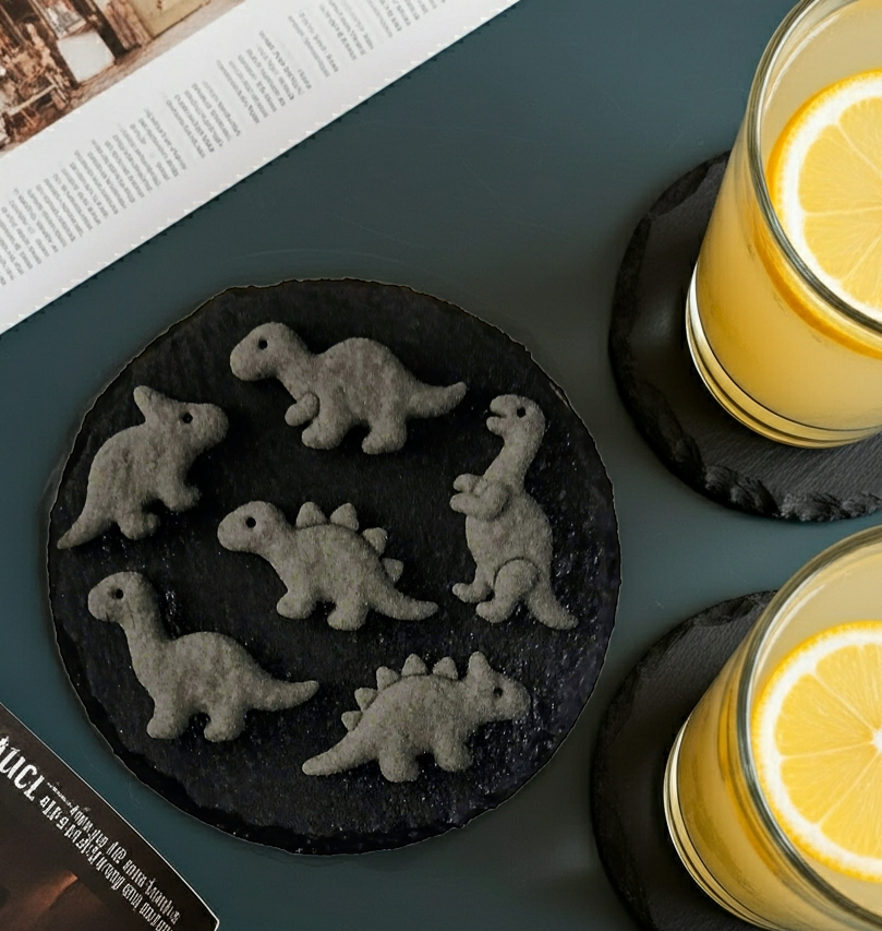 Set of 6, Natural Round Slate Coasters- Dinosaurs Collection, with bumper feet.