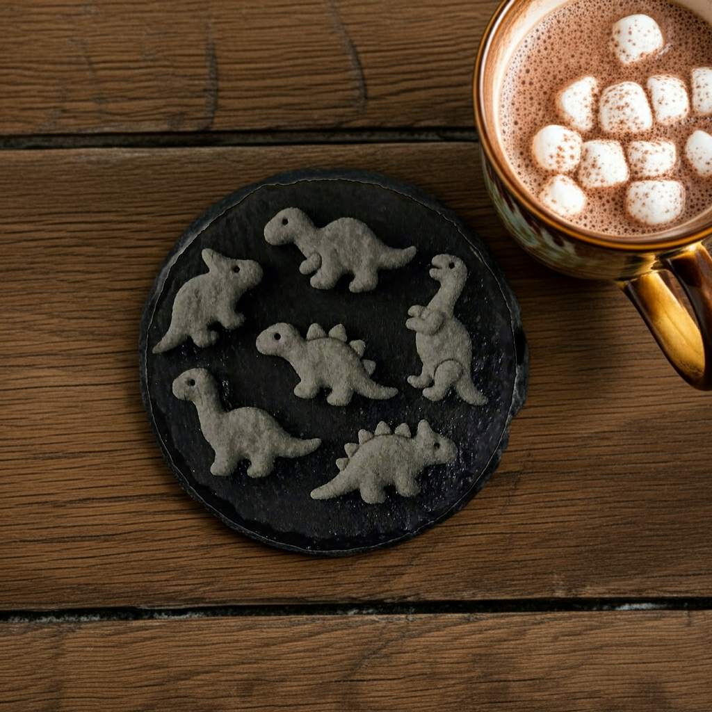 Set of 6, Natural Round Slate Coasters- Dinosaurs Collection, with bumper feet.
