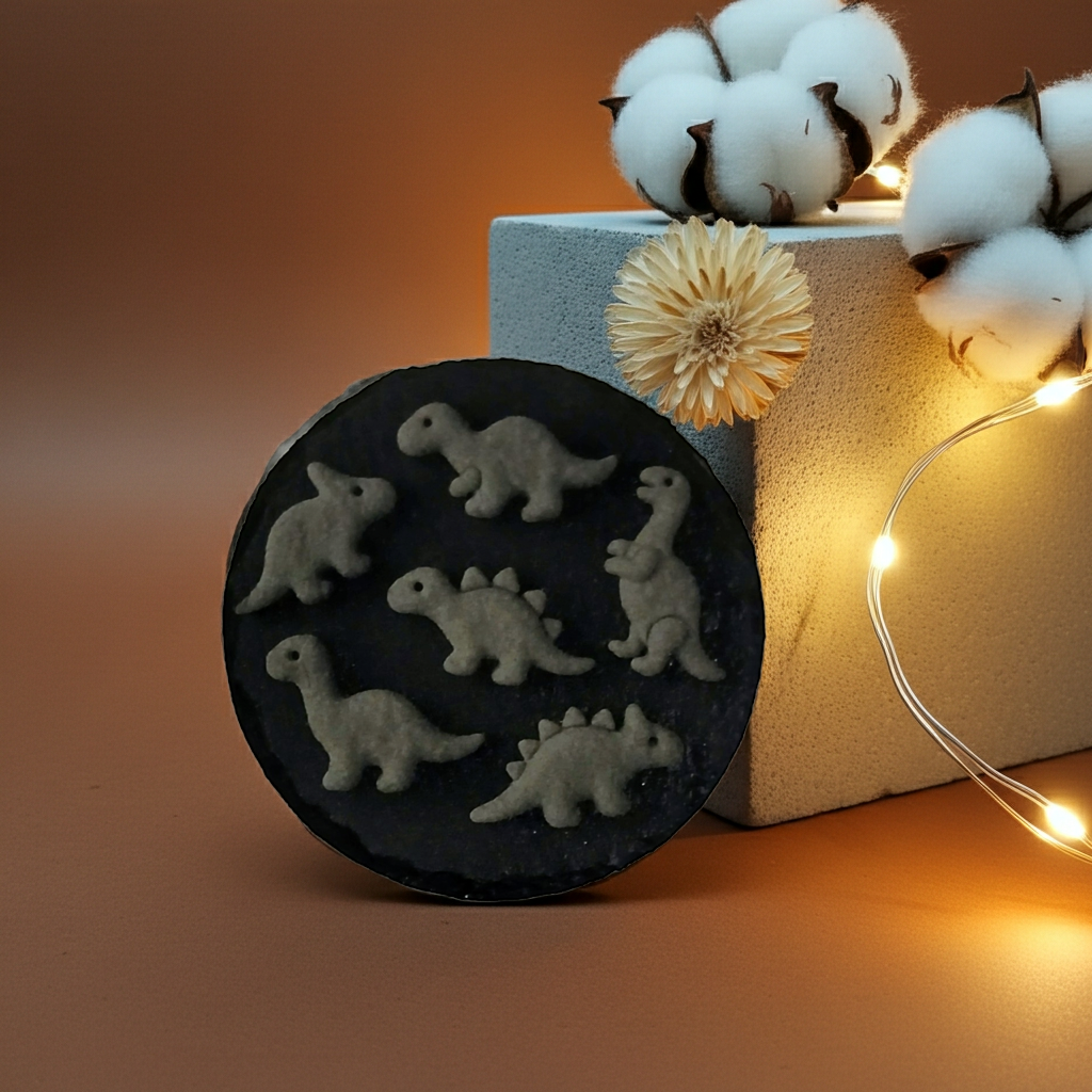 Set of 6, Natural Round Slate Coasters- Dinosaurs Collection, with bumper feet.