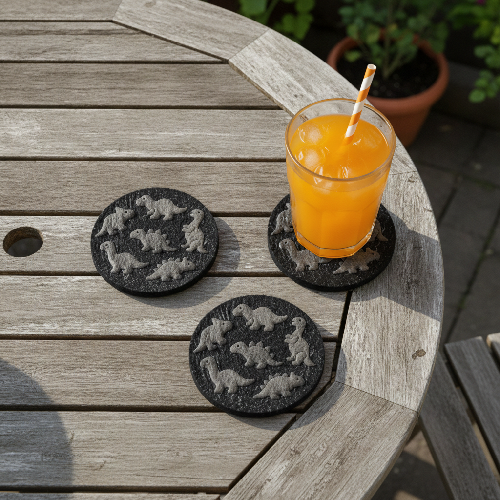 Set of 6, Effect Dinosaur Slate Coasters, 3D Effect – Laser Engraved Prehistoric Jurassic Dino Fossil Drink Coasters with Protective Bumper Feet, Unique Natural Stone Home Table Décor & Gift.