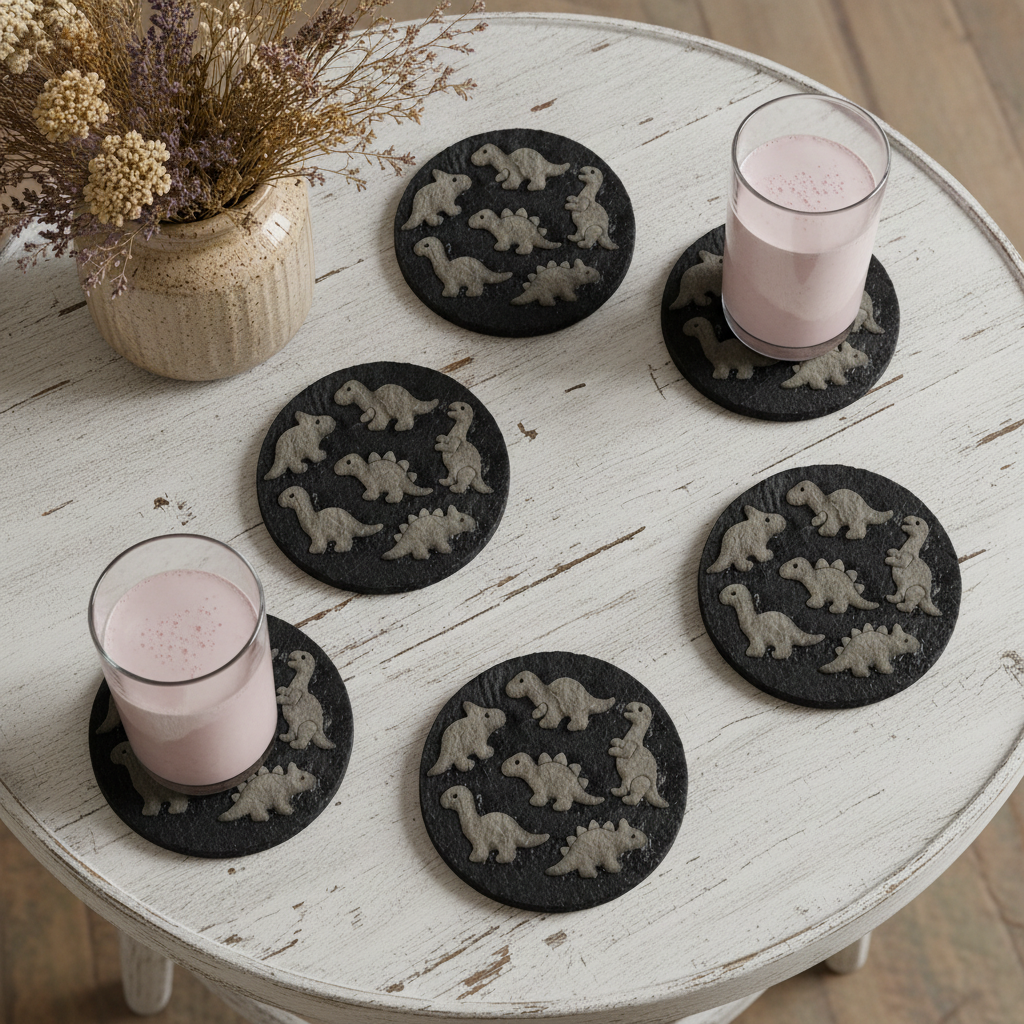 Set of 6, Effect Dinosaur Slate Coasters, 3D Effect – Laser Engraved Prehistoric Jurassic Dino Fossil Drink Coasters with Protective Bumper Feet, Unique Natural Stone Home Table Décor & Gift.