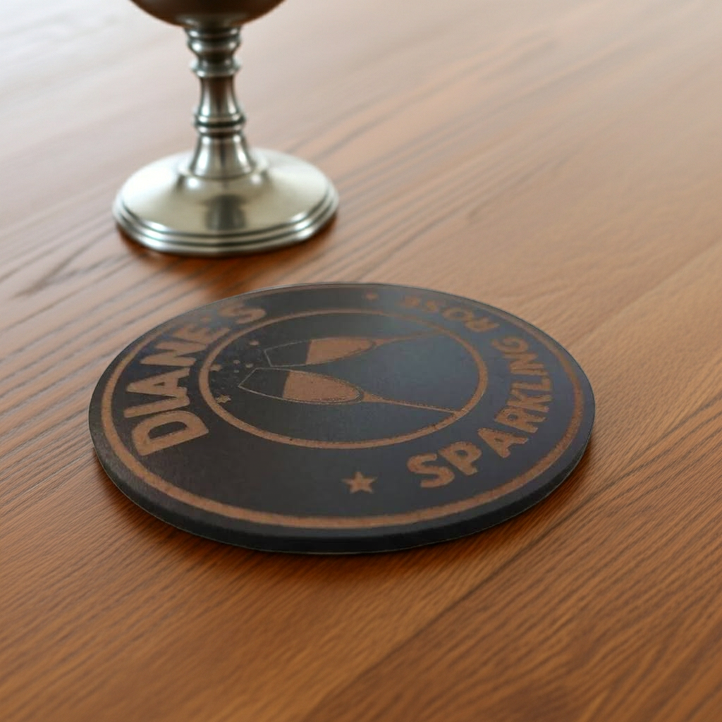 Set of 6, Personalise Coaster with your name and favourite drink. Black Topped Wood