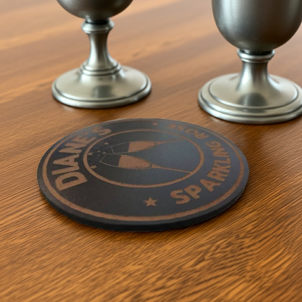 Set of 6, Personalise Coaster with your name and favourite drink. Black Topped Wood