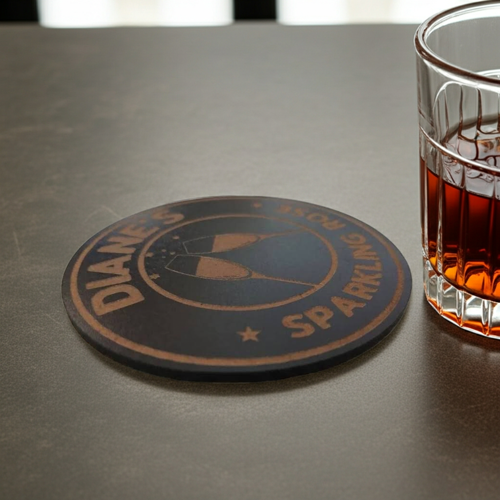 Set of 6, Personalise Coaster with your name and favourite drink. Black Topped Wood