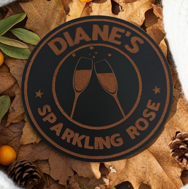 Set of 6, Personalise Coaster with your name and favourite drink. Black Topped Wood