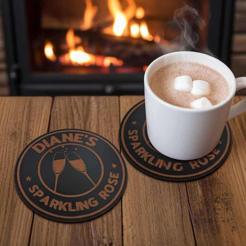 Set of 6, Personalise Coaster with your name and favourite drink. Black Topped Wood