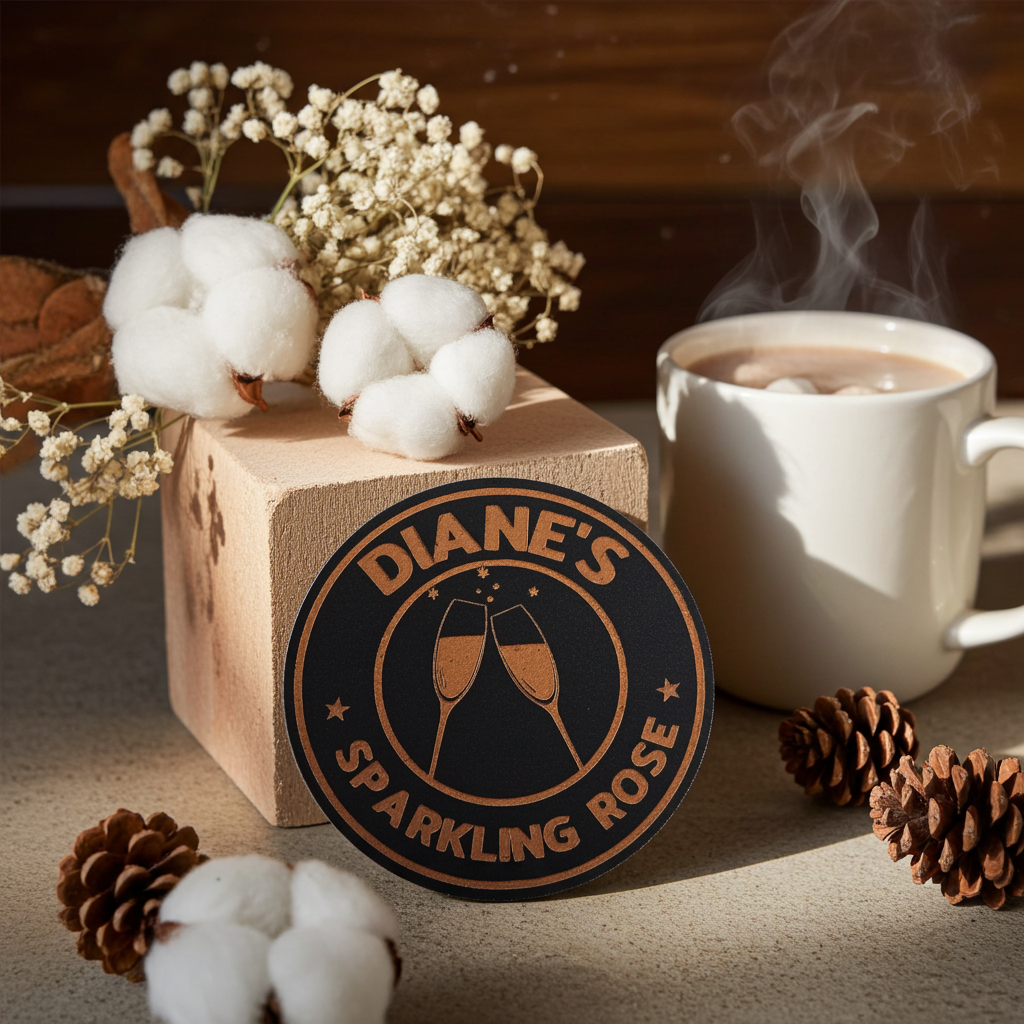 Set of 6, Personalise Coaster with your name and favourite drink. Black Topped Wood