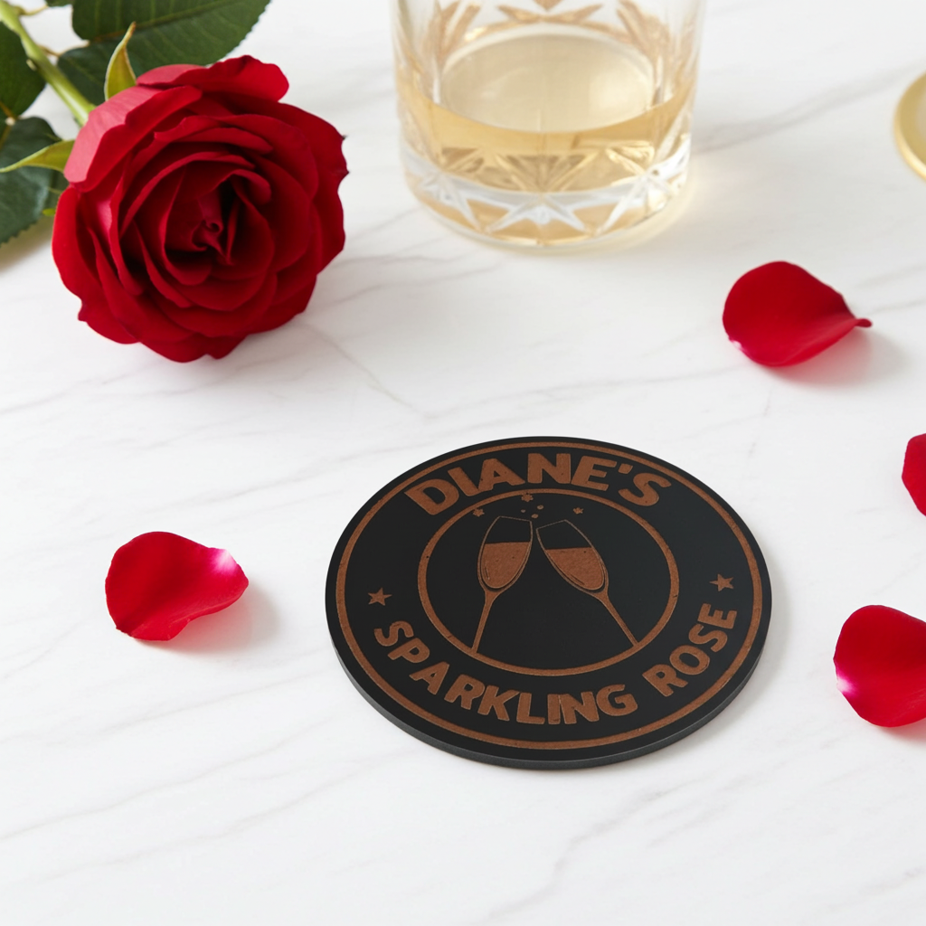 Set of 6, Personalise Coaster with your name and favourite drink. Black Topped Wood