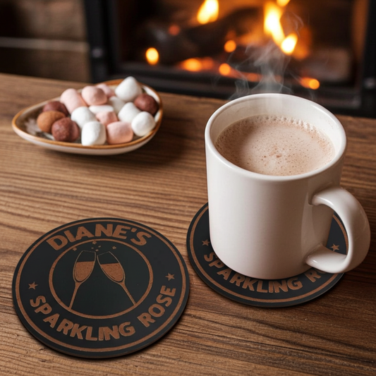 Set of 6, Personalise Coaster with your name and favourite drink. Black Topped Wood