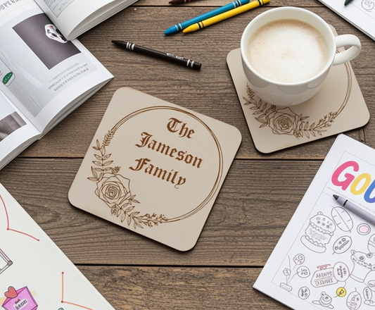 Set of 6, Personalise Your Own Drink Coasters. Great For Parties. Quality Wood. Any Font and Bumper Feet attached.