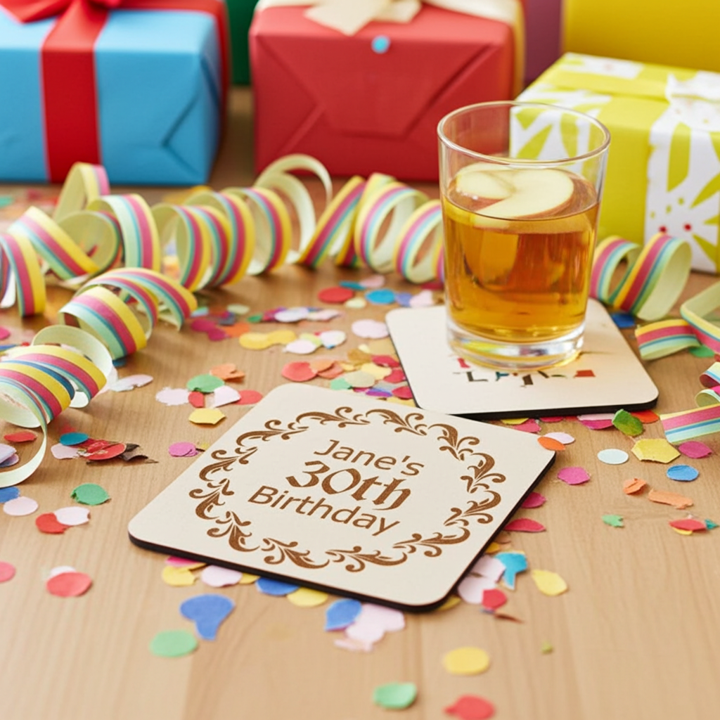 Set of 6, Personalise Your Own Drink Coasters. Great For Parties. Quality Wood. Any font and with bumper feet.