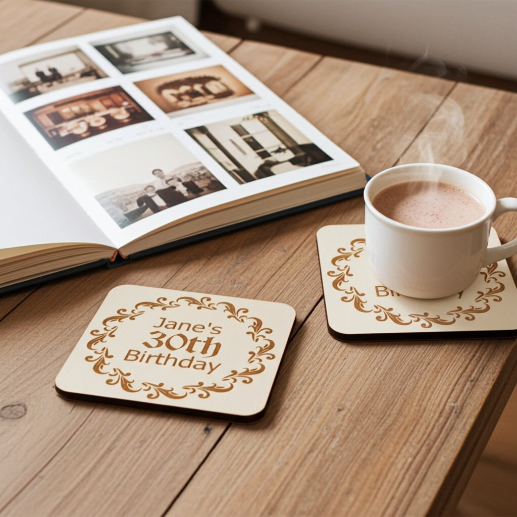 Set of 6, Personalise Your Own Drink Coasters. Great For Parties. Quality Wood. Any font and with bumper feet.