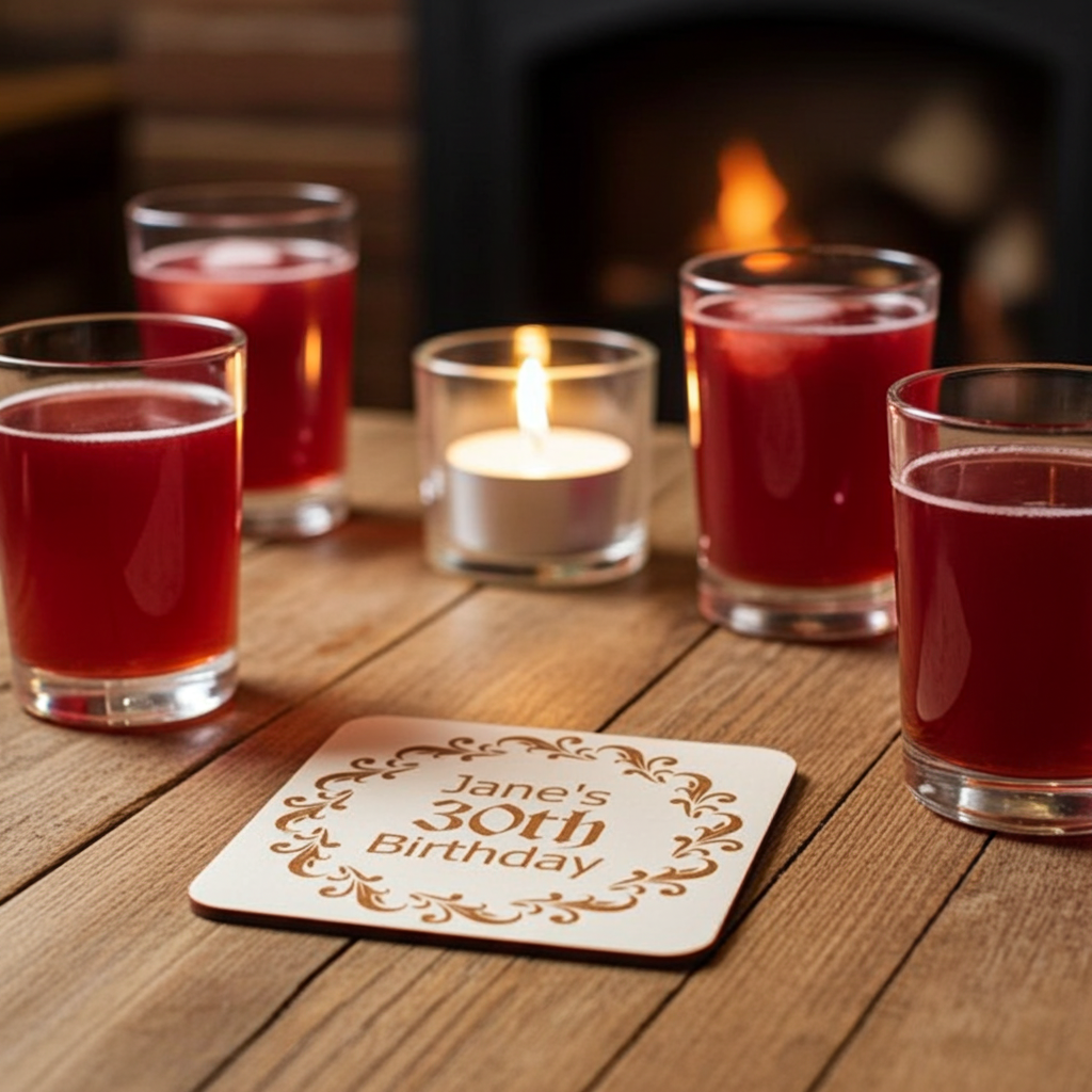 Set of 6, Personalise Your Own Drink Coasters. Great For Parties. Quality Wood. Any font and with bumper feet.