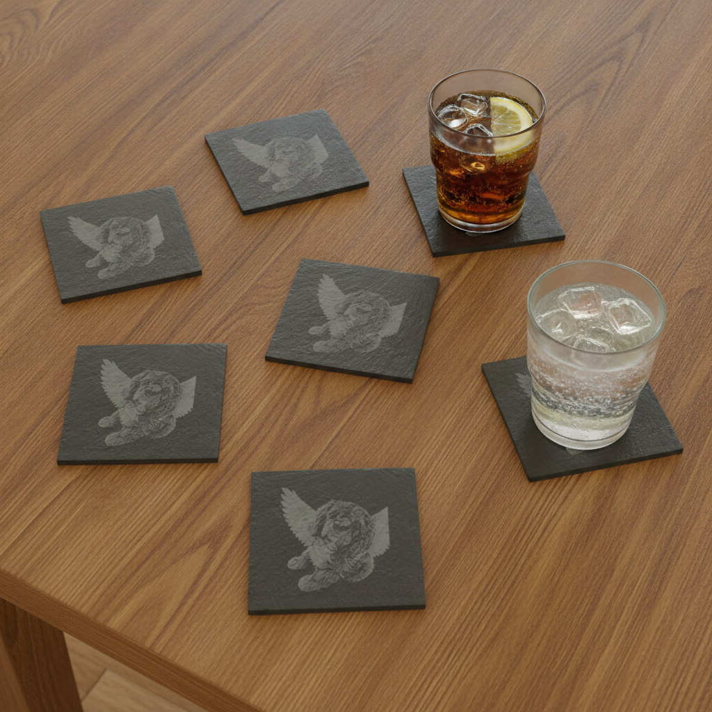 Set of 6, Pet Photo on Slate Coasters. 10cm x 10cm Square with Bumper Feet.