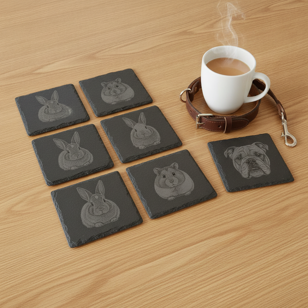 Set of 6, Pet Photo on Slate Coasters. 10cm x 10cm Square with Bumper Feet.