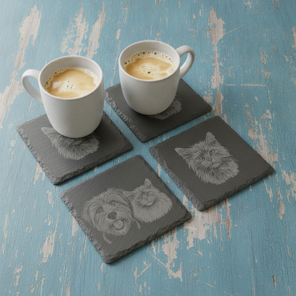 Set of 6, Pet Photo on Slate Coasters. 10cm x 10cm Square with Bumper Feet.