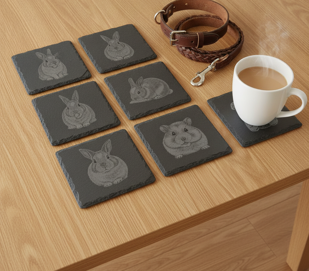 Set of 6, Pet Photo on Slate Coasters. 10cm x 10cm Square with Bumper Feet.
