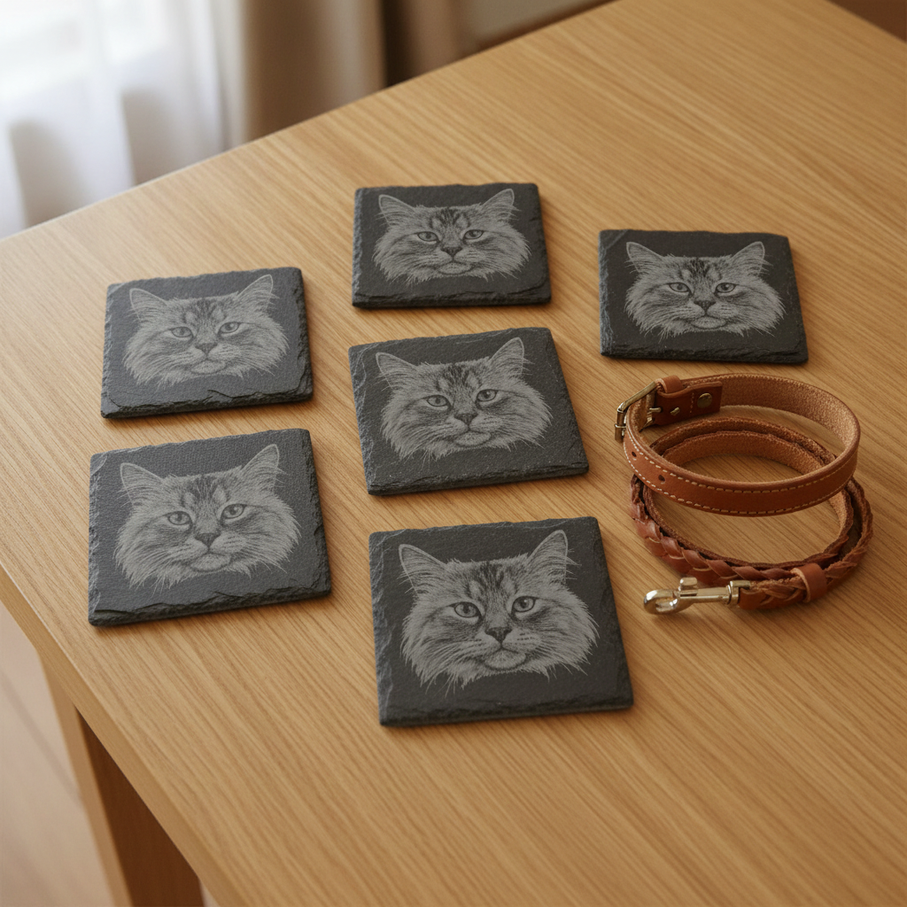 Set of 6, Pet Photo on Slate Coasters. 10cm x 10cm Square with Bumper Feet.