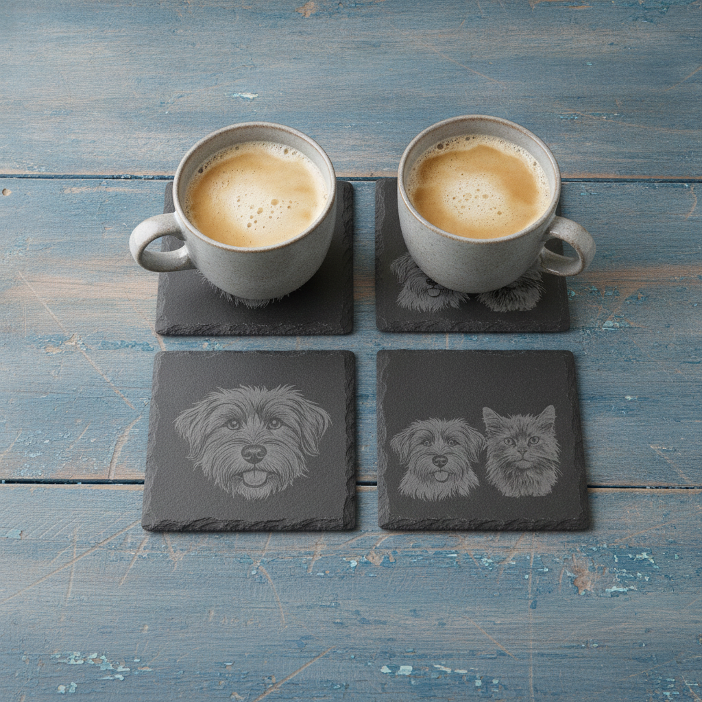 Set of 6, Pet Photo on Slate Coasters. 10cm x 10cm Square with Bumper Feet.