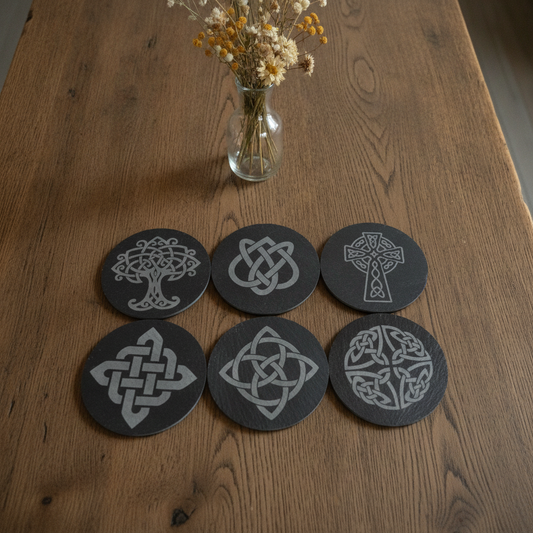 Set of 6 Celtic  Laser Engraved Slate Coasters - 10cm Round. With Anti-Skid Feet