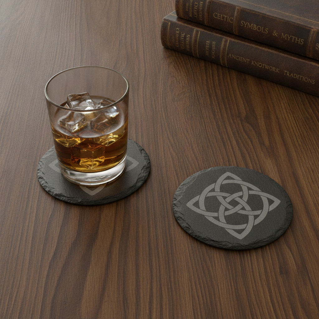 Set of 6 Celtic  Laser Engraved Slate Coasters - 10cm Round. With Anti-Skid Feet