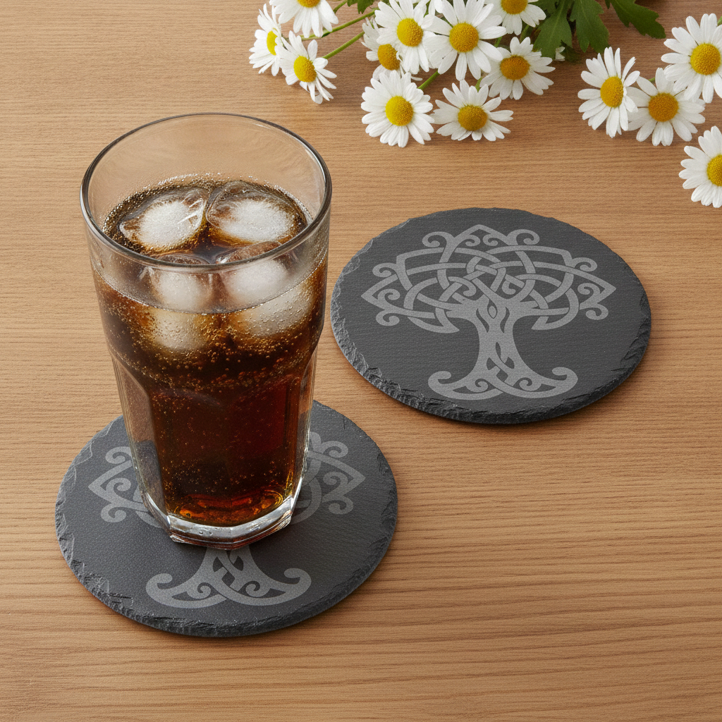 Set of 6 Celtic  Laser Engraved Slate Coasters - 10cm Round. With Anti-Skid Feet