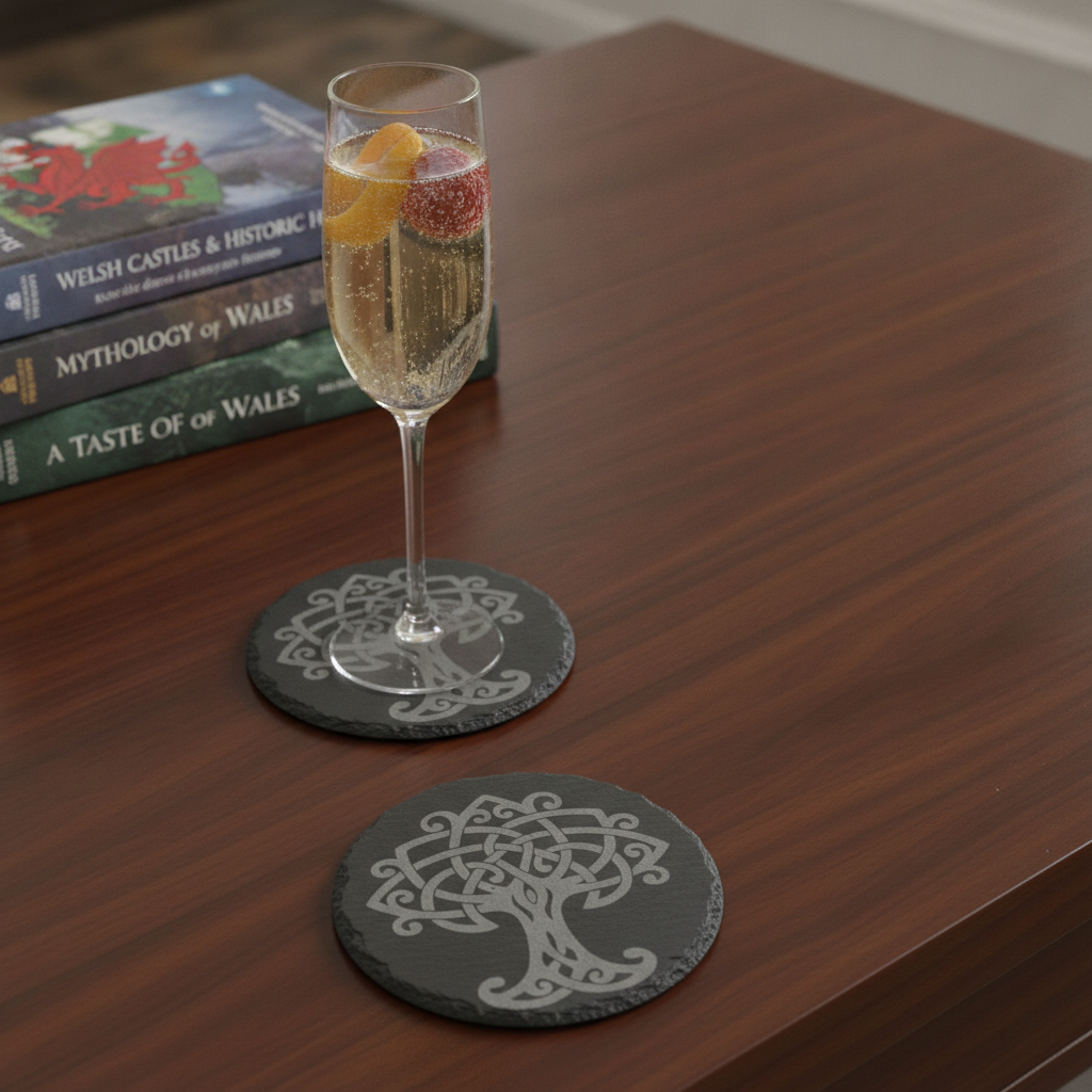 Set of 6 Celtic  Laser Engraved Slate Coasters - 10cm Round. With Anti-Skid Feet