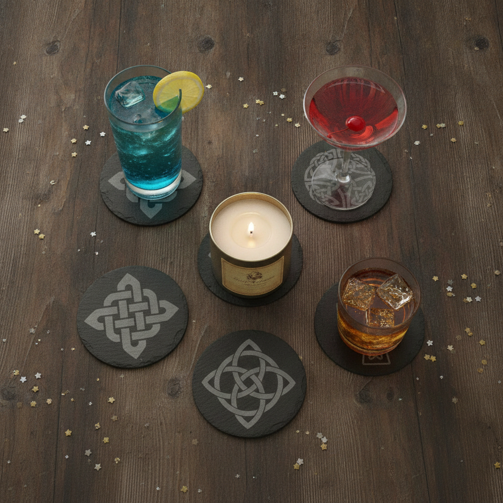 Set of 6 Celtic  Laser Engraved Slate Coasters - 10cm Round. With Anti-Skid Feet