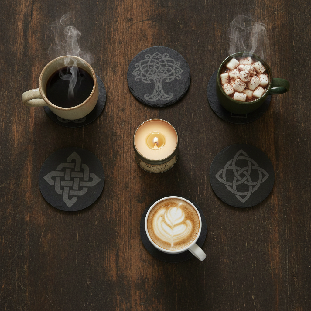 Set of 6 Celtic  Laser Engraved Slate Coasters - 10cm Round. With Anti-Skid Feet