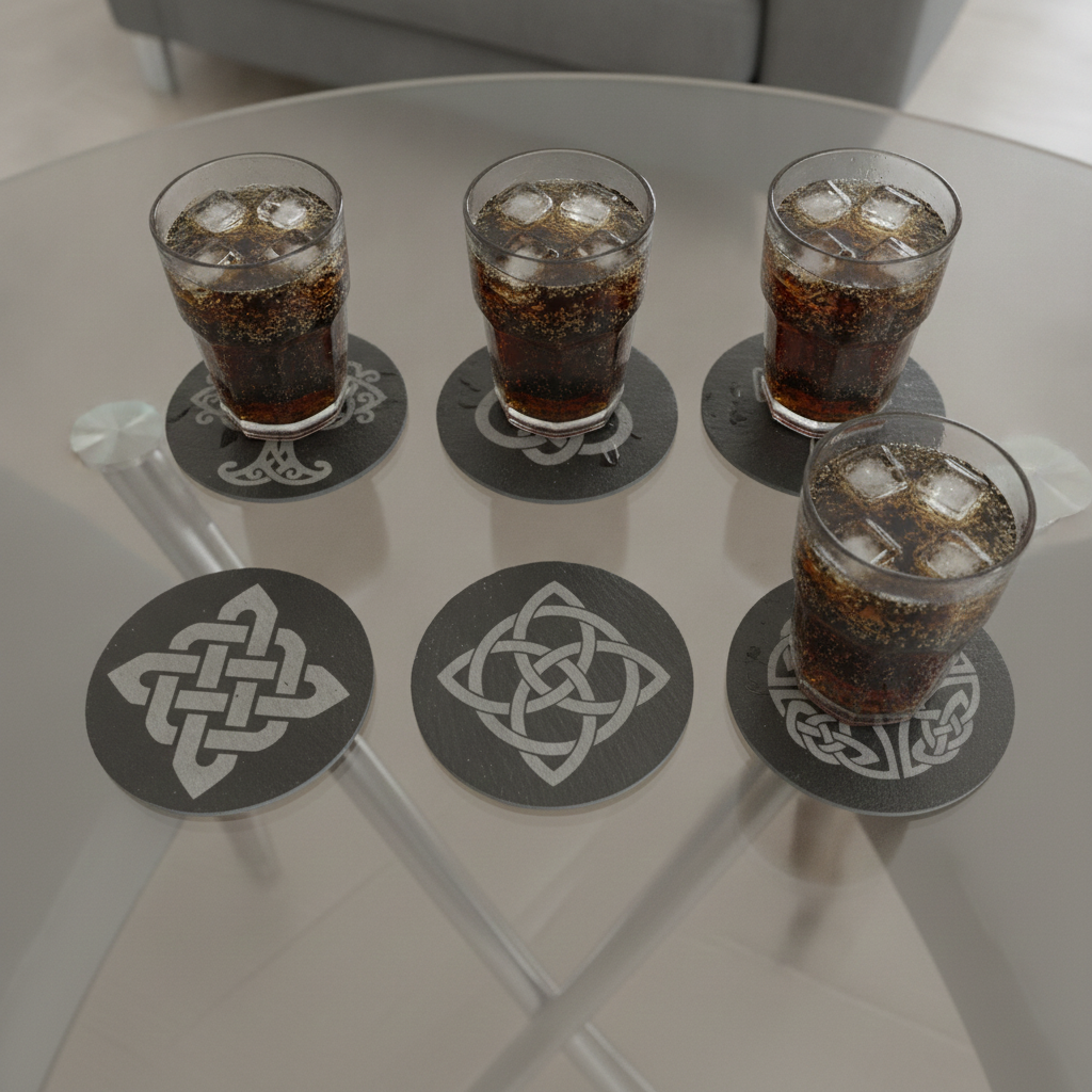 Set of 6 Celtic  Laser Engraved Slate Coasters - 10cm Round. With Anti-Skid Feet