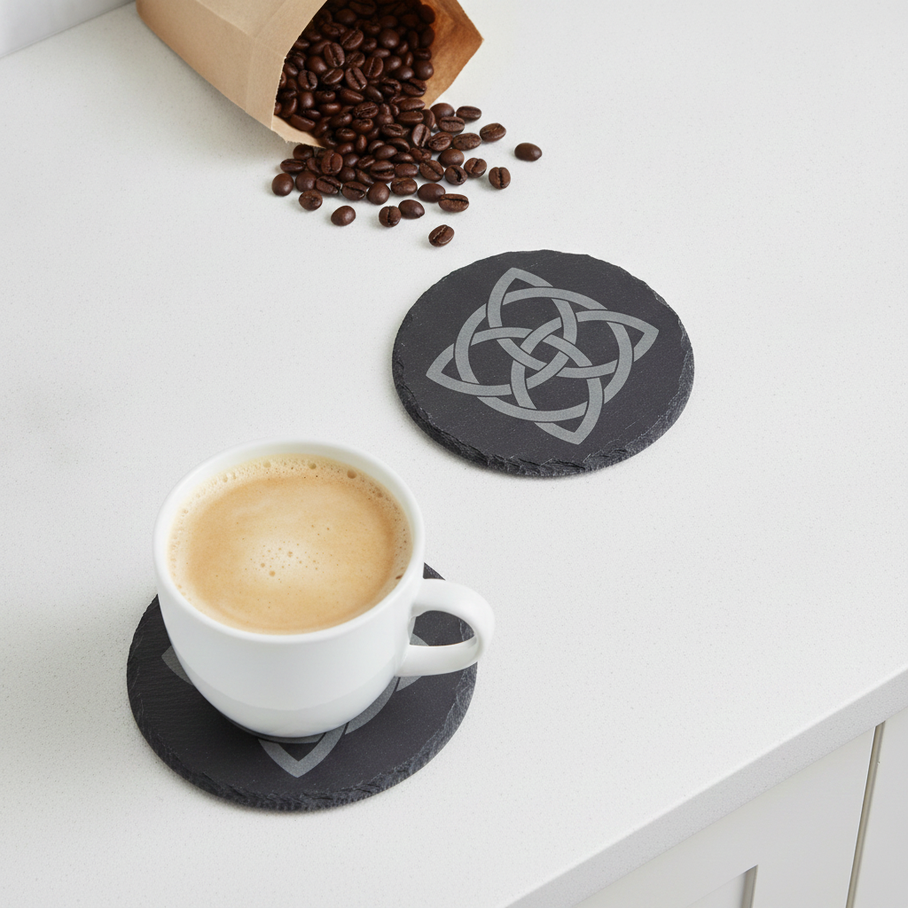 Set of 6 Celtic  Laser Engraved Slate Coasters - 10cm Round. With Anti-Skid Feet