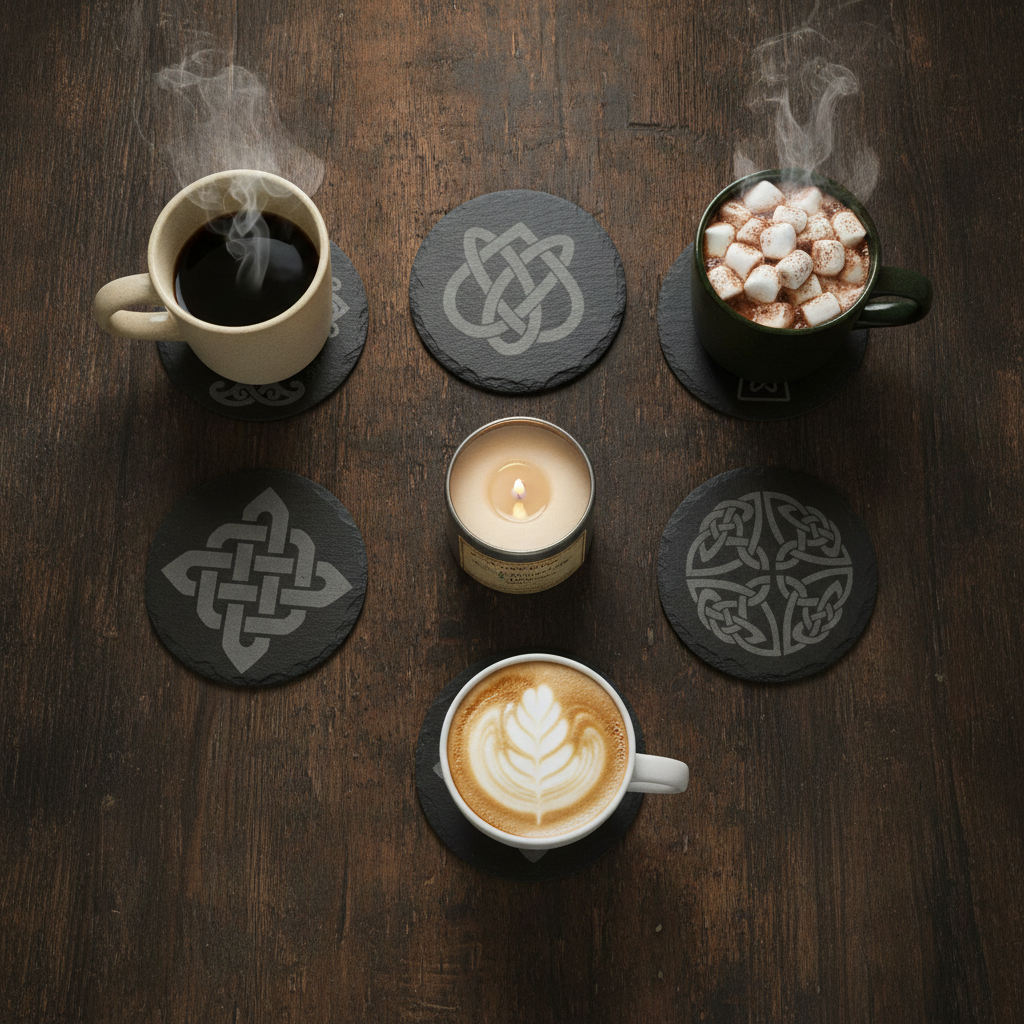 Set of 6 Celtic  Laser Engraved Slate Coasters - 10cm Round. With Anti-Skid Feet