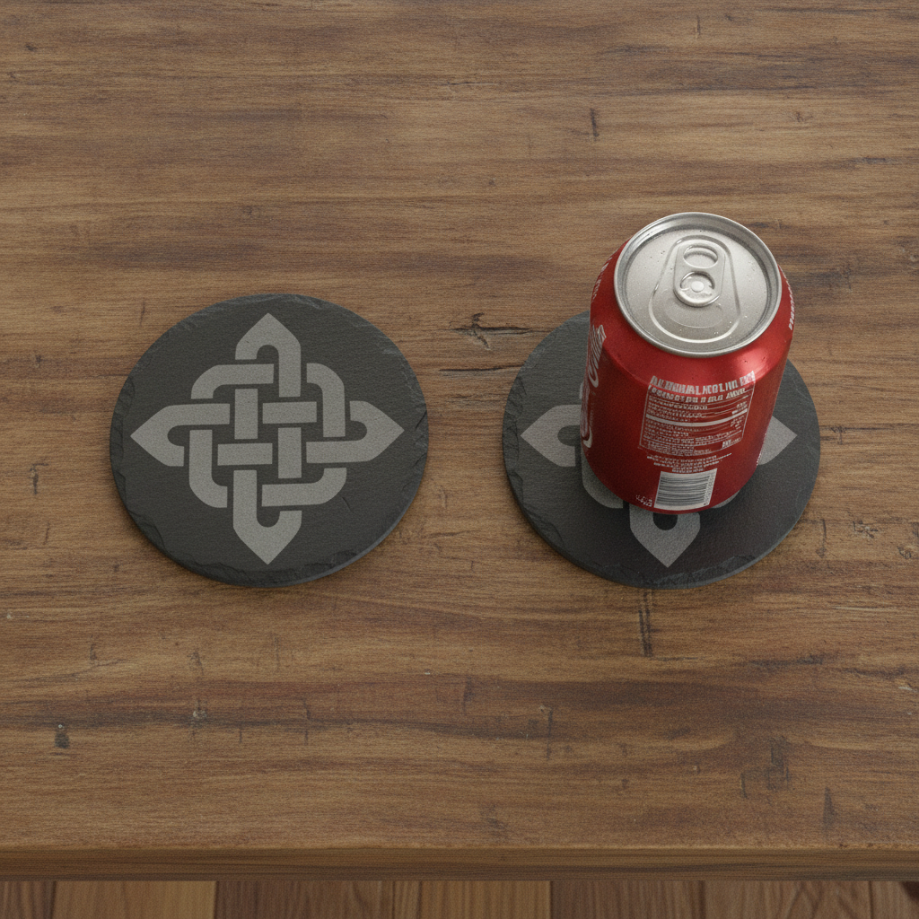 Set of 6 Celtic  Laser Engraved Slate Coasters - 10cm Round. With Anti-Skid Feet