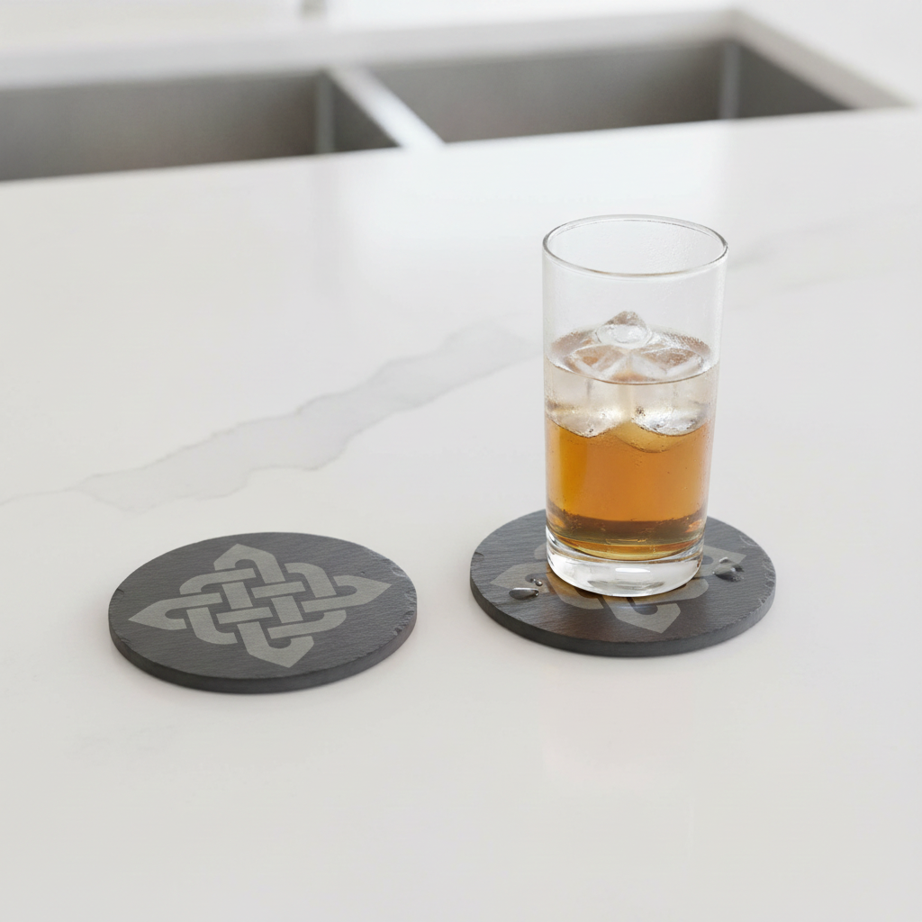 Set of 6 Celtic  Laser Engraved Slate Coasters - 10cm Round. With Anti-Skid Feet