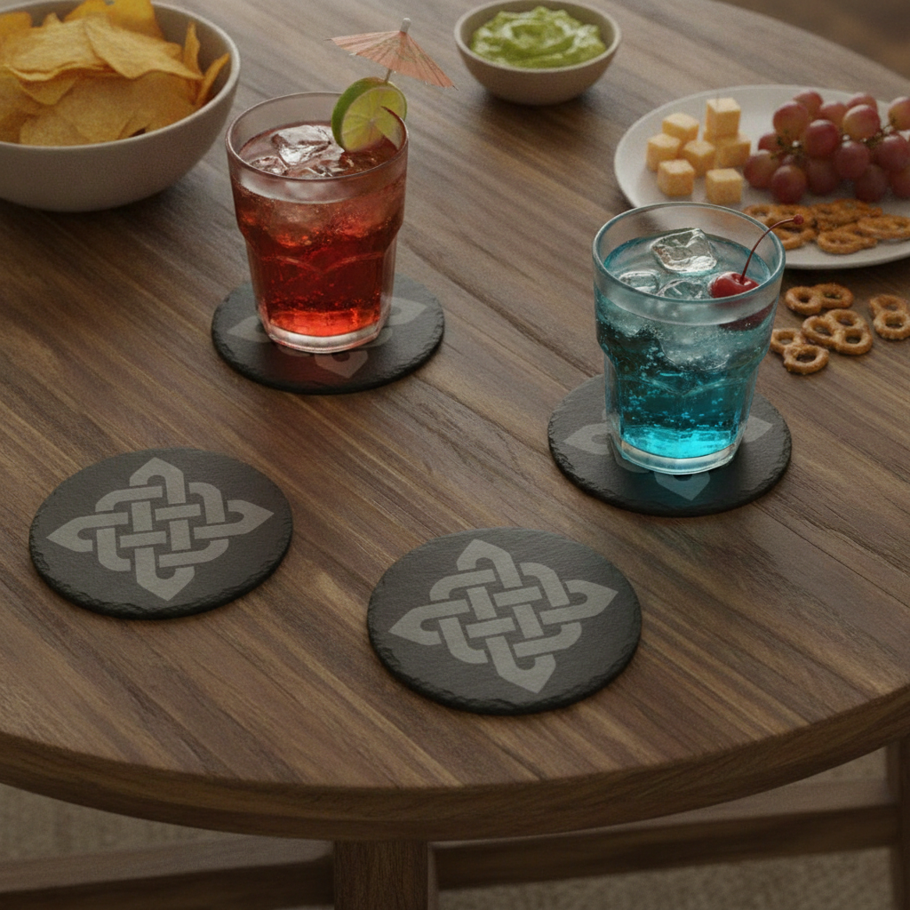 Set of 6 Celtic  Laser Engraved Slate Coasters - 10cm Round. With Anti-Skid Feet